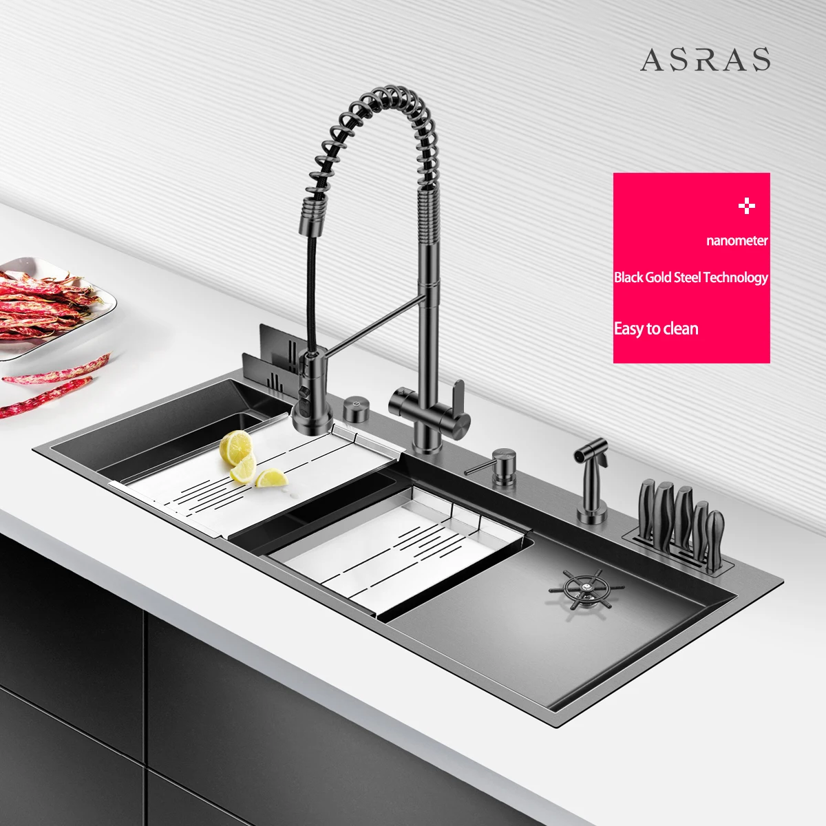 

ASRAS SUS304 Kitchen Sink Super Large Double Sink Nano Gray Easy to Clean Black Ceramic Crystal Coating Surface Easy to Clean