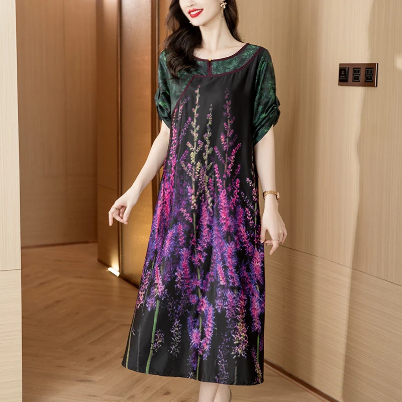 

2024 Black Patchwork Silk Satin Midi Dress Summer Korean Vintage Hepburn Dress Women Elegant Luxury Looses Waist Party Dresses