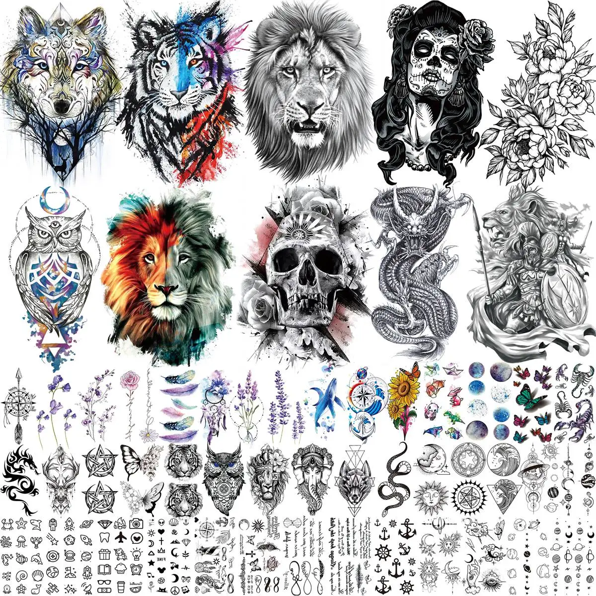 

53 Sheets Realistic Tiger Dragon Lion Temporary Tattoos For Women Men Arm Tattoo Sticker Fake Skull Wolf Flower Tatoos Colorful