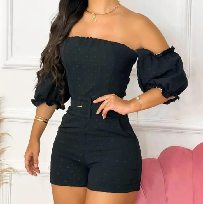 

Sexy Spicy Girl Off Shoulder Short Jumpsuit with Belt Female Casual Clothing New Summer Women's Fashion Skinny Romper