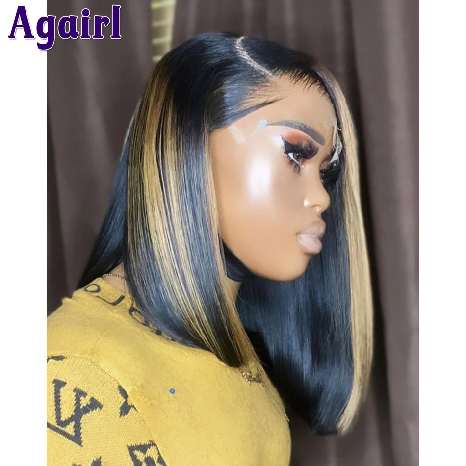 

180% Density Highlight Blonde Straight Lace Frontal Short Bob Wigs Human Hair 13x4 Lace Front Bob Wig Pre Plucked With Baby Hair