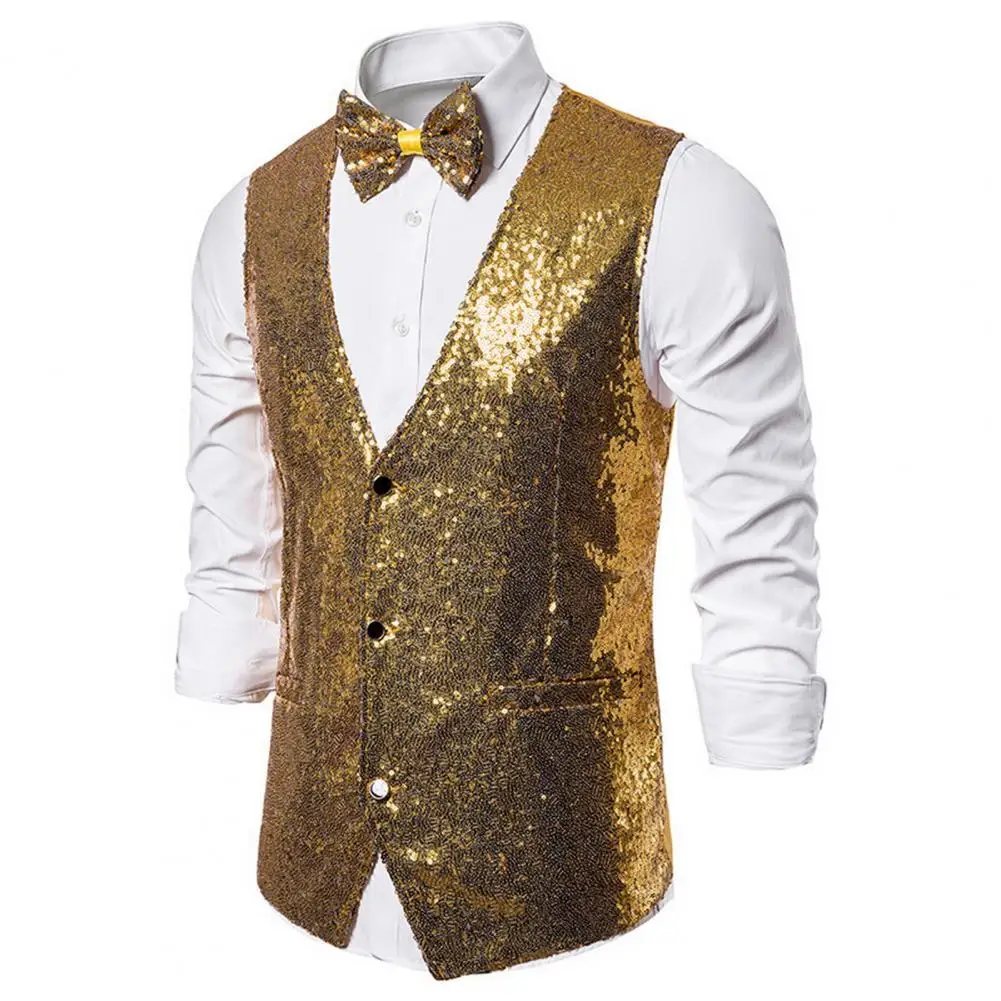 

Men Polyester Suit Vest Sequin Sleeveless Slim Fit Men's Vest with Bow Set for Stage Show Emcee Performance Single-breasted V