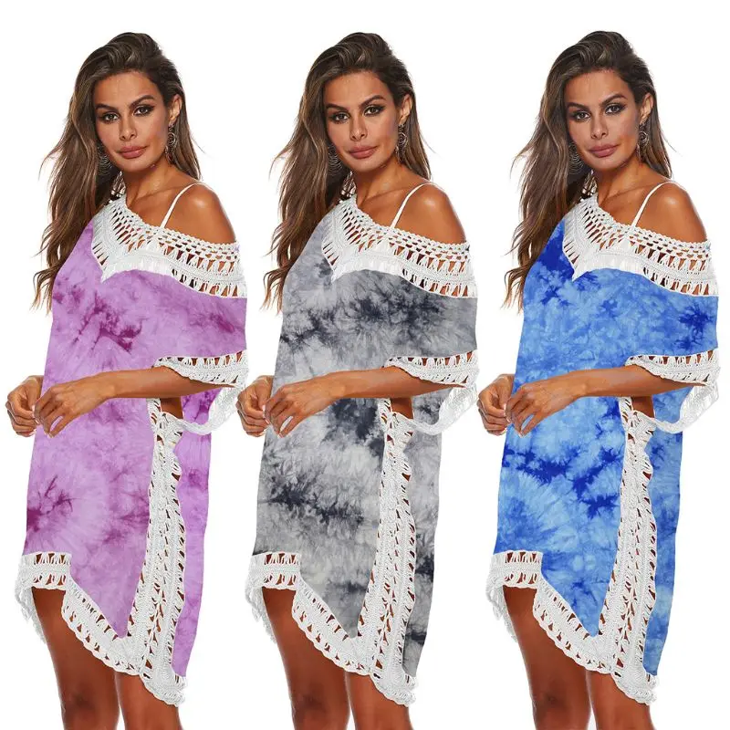 

Women Short Sleeve Swimsuit Cover Ups Tie-Dye Print Hollow Out Crochet Patchwork Tunic Tops Sexy V-Neck Loose Beach Dress P8DB