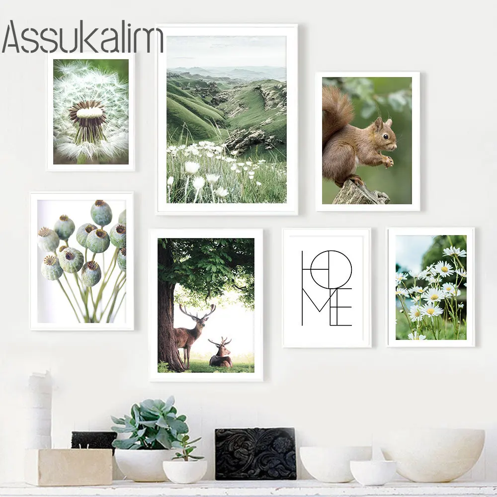 

Flowers Wall Art Green Nature Print Pictures Deer Squirrel Canvas Paintings Dandelion Art Prints Nordic Poster Living Room Decor