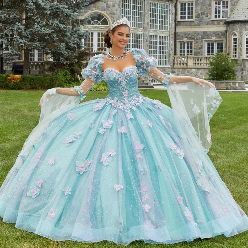 Sky Blue 3D Flora Flowers Ball Gown Quinceanera Dresses With Cape Off Shoulder Appliques Sweet 15 Birthday Princess Party Gowns
Sky Blue 3D Flora Flowers Ball Gown Quinceanera Dresses With Cape Off Shoulder Appliques Sweet 15 Birthday Princess Party Gowns