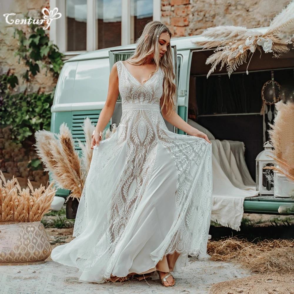 Boho Wedding Dress Lace Chiffon V Neck Sleeveless Open Back Beach Elopement Bridal Gown Civil Bride Dresses Vestido De Noiva 
Boho Wedding Dress Lace Chiffon V Neck Sleeveless Open Back Beach Elopement Bridal Gown Civil Bride Dresses Vestido De Noiva