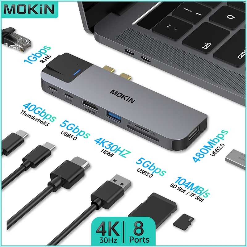 

Док-станция MOKiN 8 в 2 для MacBook Air/Pro, iPad, ноутбука с интерфейсом Thunderbolt — USB2.0, HDMI 4K30 Гц, SD, RJ45 1 Гбит/с, Thunderbolt