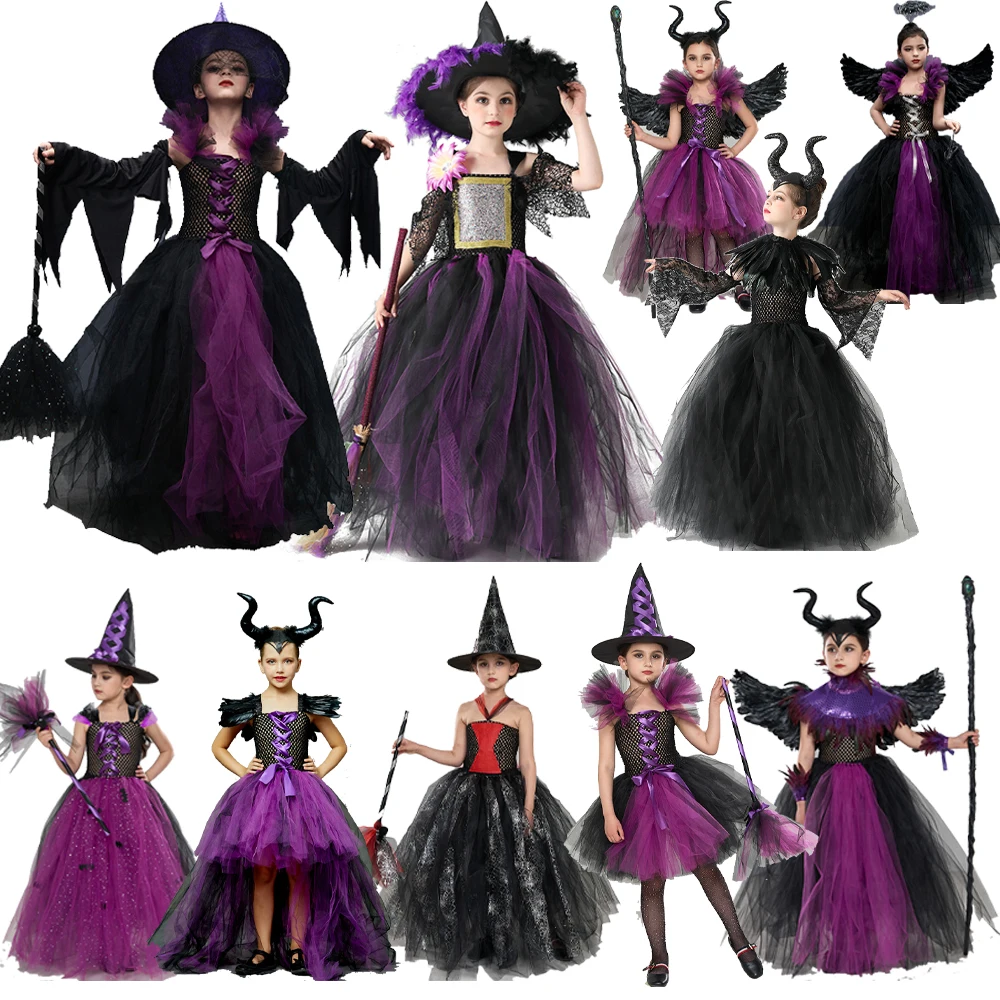 

Kids Halloween Witch Sparkly Tutu Dresses for Girl Carnival Black Evil Cosplay Costumes Dress Up Clothes Chidlren Party Dress
