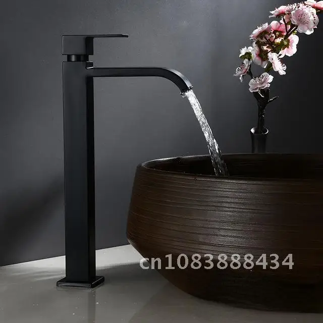 

Black Metal Tall Waterfall Faucet Stainless Steel Bathroom Faucet Cold Water Tap Torneira Basin Faucets Washing Tap House Sink