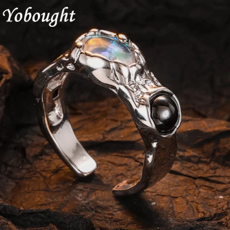 

S925 Sterling Silver Ins Style Design Texture Personalized Opening Moonlight Stone Index Finger Lava Ring Female