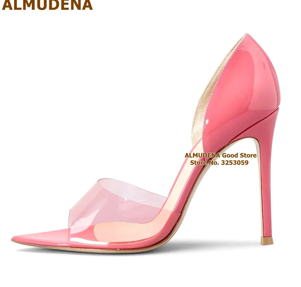 

ALMUDENA Pink Transparent PVC Patchwork Dress Pumps Nude Black Patent Leather Pointed Toe Clear Banquet Shoes Size46
