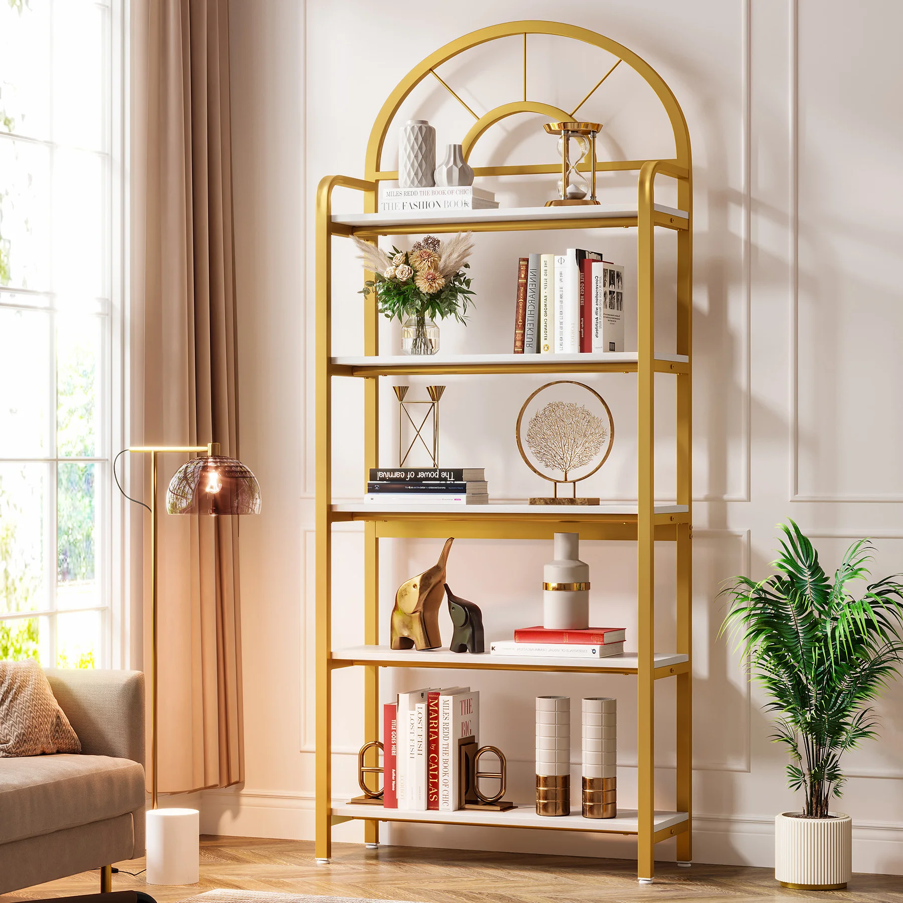 

Tribesigns White and Gold Arched Bookshelf 5 Tier Bookcase, Gold Shelves for Living Room Freestanding Tall Display Shelf