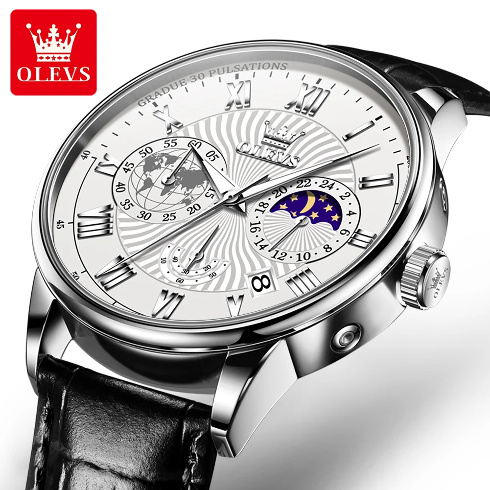 

OLEVS 2893 Quartz Watch for Men Wristwatches, Casual Genuine Leather Strap Waterproof Watches Chronograph Calendar Little Needle