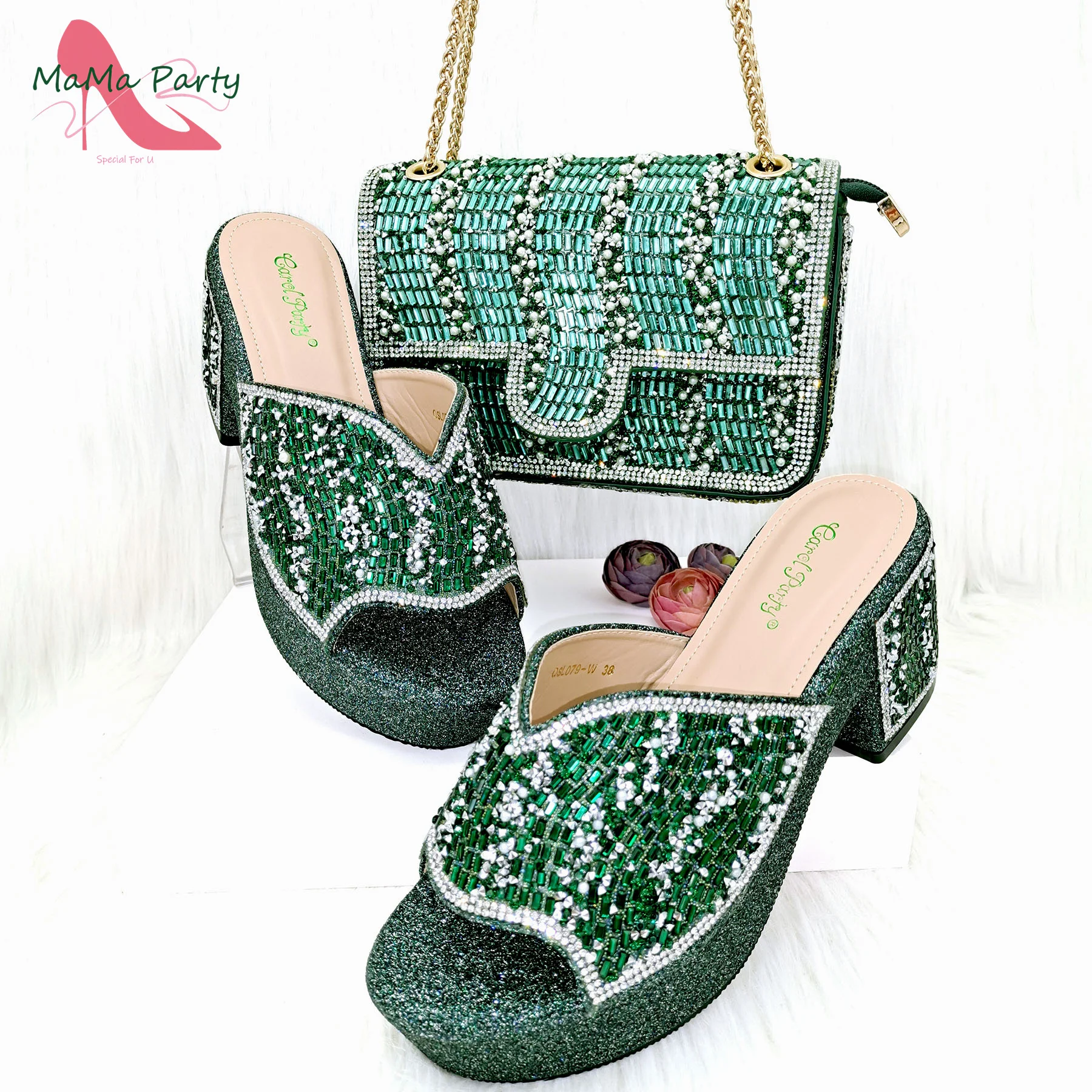 

Newest Mature Style Italian Women Shoes and Bag Set in Green Color with Shinning Crystal Nigerian Girls Shoes for Dress