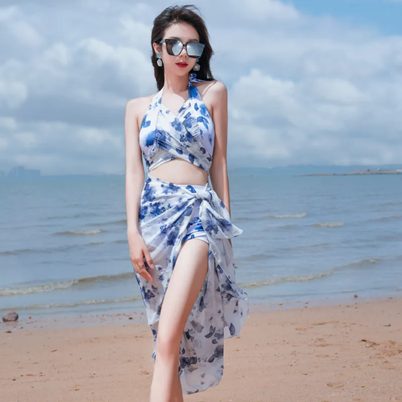 

2024 3Piece Swimsuit Seaside Women'S Split Three-Piece Set Korean Style Backless Halterneck Flower Pattern Swimwear For Women