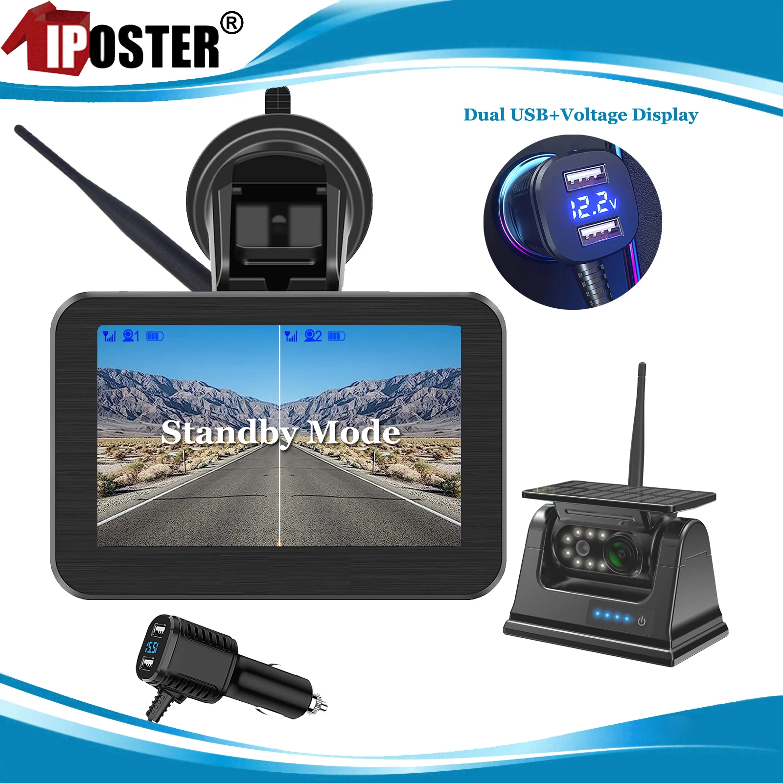 

iPoster Digital Wireless 5" Car Monitor Standby Mode with Solar Magnetic Backup Reverse Camera For Camper Truck Trailer Rv Bus