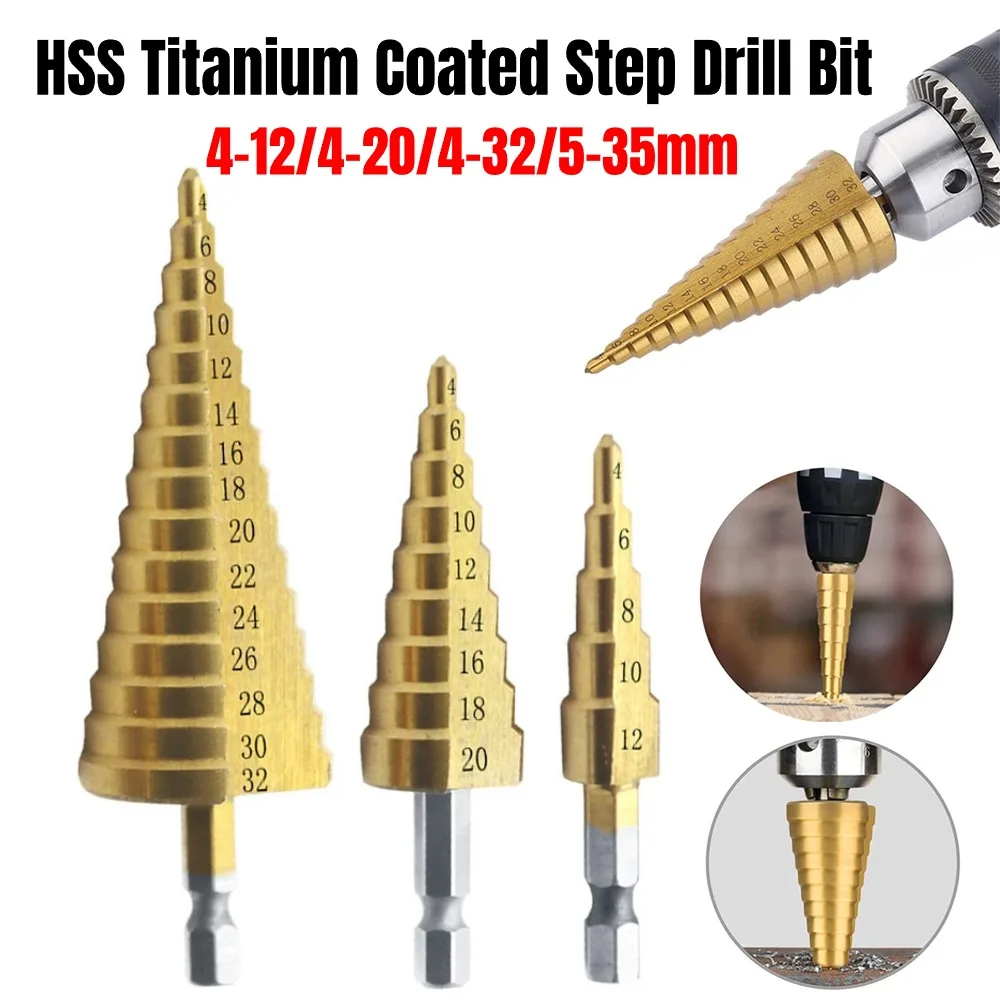 4-12/4-20/4-32/5-35mm HSS Titanium Coated Step Drill Bit High Speed Steel Metal Wood Hole Cutter Cone Drilling Power Tools
4-12/4-20/4-32/5-35mm HSS Titanium Coated Step Drill Bit High Speed Steel Metal Wood Hole Cutter Cone Drilling Power Tools
