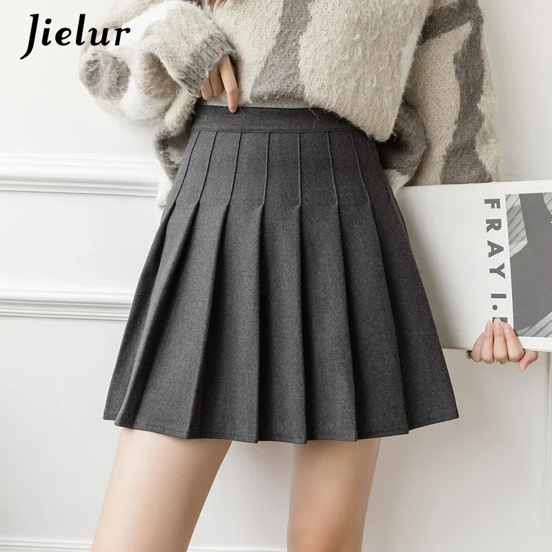 

Jielur Chic Woolen Pleated Skirt Women Winter Short Skirts Apricot Coffee Black High Waist A-line Slim Sexy Lady Saia S-XL