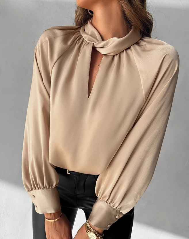 

Woman Blouse 2023 Spring Autumn Fashion Keyhole Neck Twisted Ruched Elegant Temperament Plain Long Sleeve Daily Top