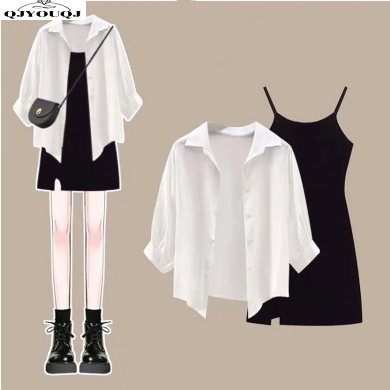 

Spring/Summer Versatile Set 2024 New Korean Fashion Shirt Slimming Solid Color Hanging Dress Set of Two