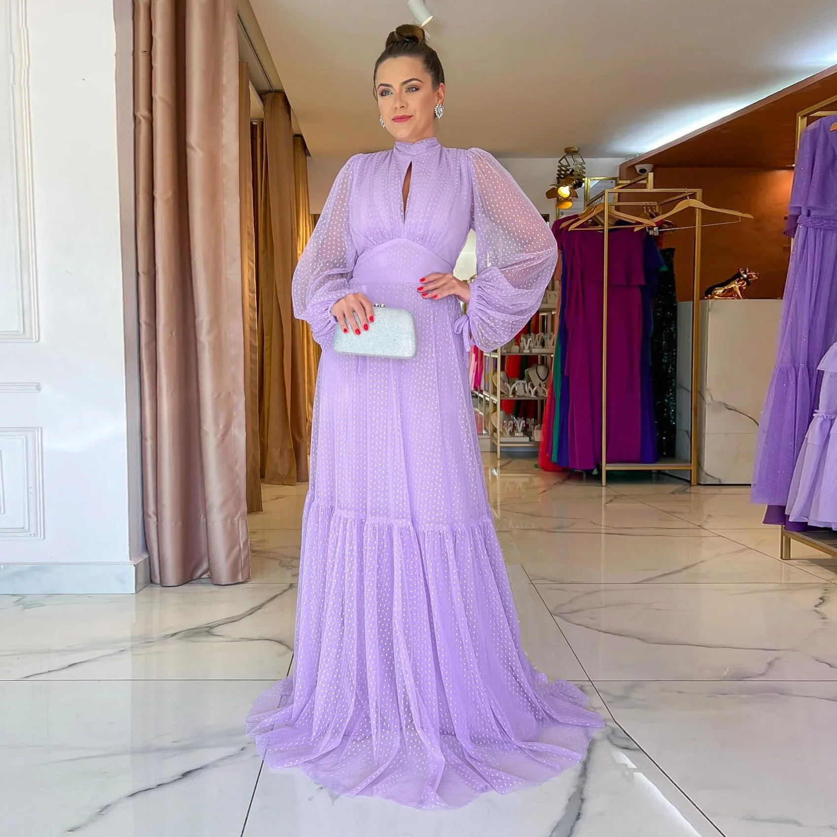 

Lilac Purple Polka Tulle Prom Dresses Puff Long Sleeves Formal Party Gowns High Neck Pleats Open Back Women Evening Dress 2024