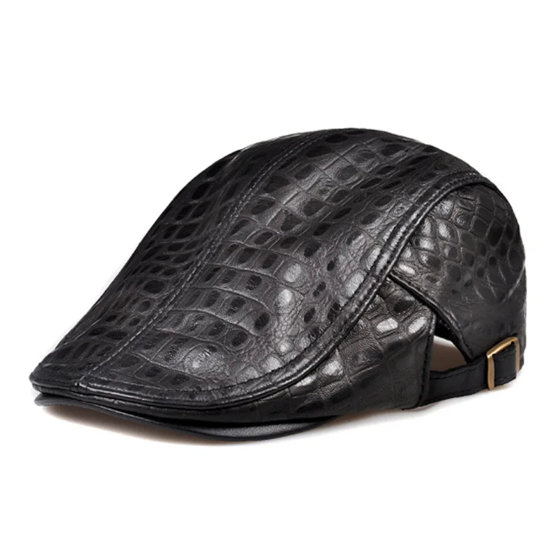 

Hats Men Street Bonnet Genuine Leather Beret Male Thin Hats Adjustable Forward Cap Leisure Duckbill Casquette Crocodile Print