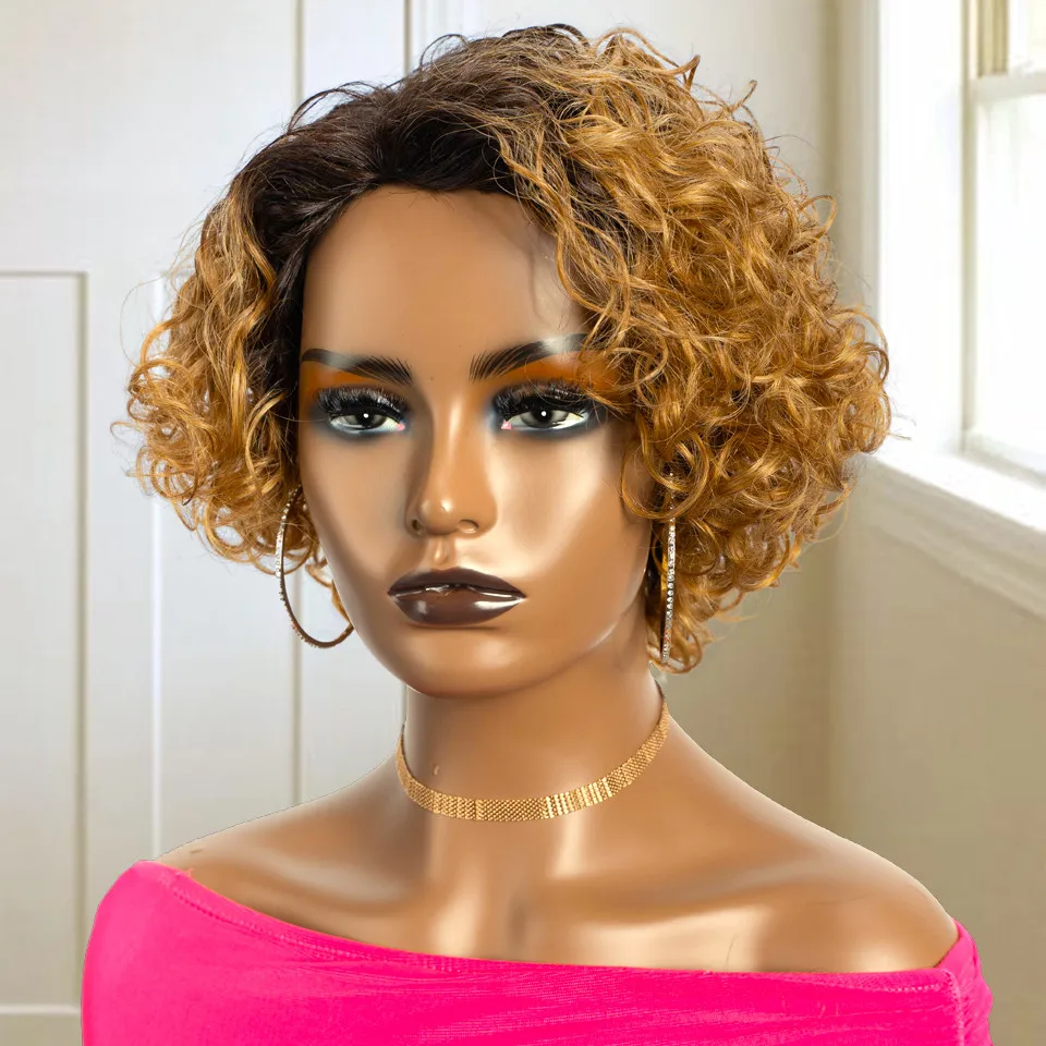

Highlight Wig Human Hair Jerry Curly Wave Bob Wig Short Pixie Cut Wig With Bangs Brown Colored Cheap Full Machine Wigs For Women