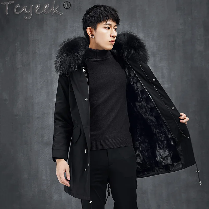 

Парка Tcyeek мужская с подкладкой из 2023 натурального меха норки, модная куртка средней длины из натурального меха, зимнее пальто, приталенная мужская одежда