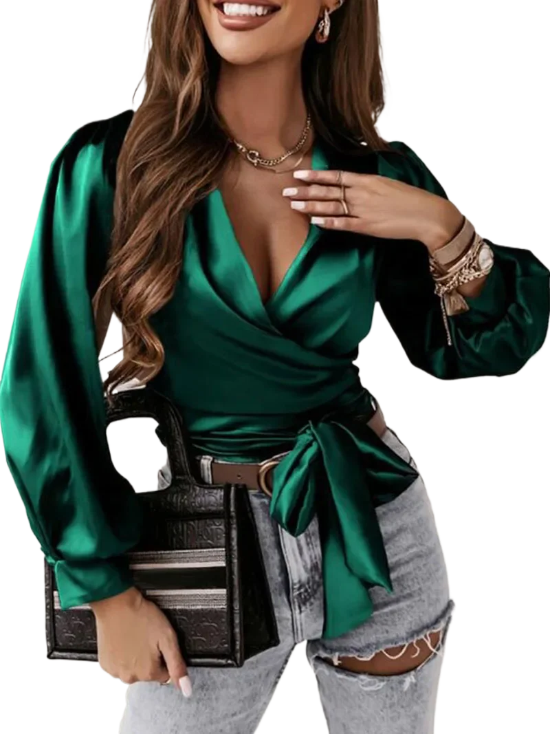 Женская Повседневная однотонная атласная блузка с оборками и рукавами-фонариками 
Женская Повседневная однотонная атласная блузка с оборками и рукавами-фонариками