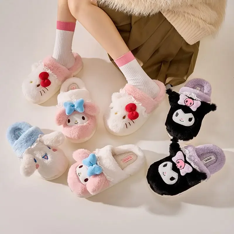 

Симпатичные Тапочки Kuromi My melody из хлопка Hello Kitty Cinnamoroll женские домашние Теплые Меховые Туфли на толстой подошве для пар