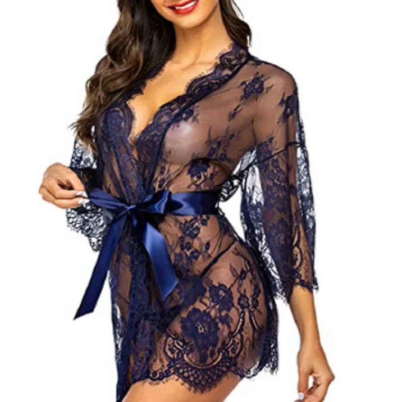 

Plus Size Women Sexy Lingerie Robe Porno Sleepwear Nightgown Lace See Through Dress Transparent Babydoll Erotic Nightwear Set