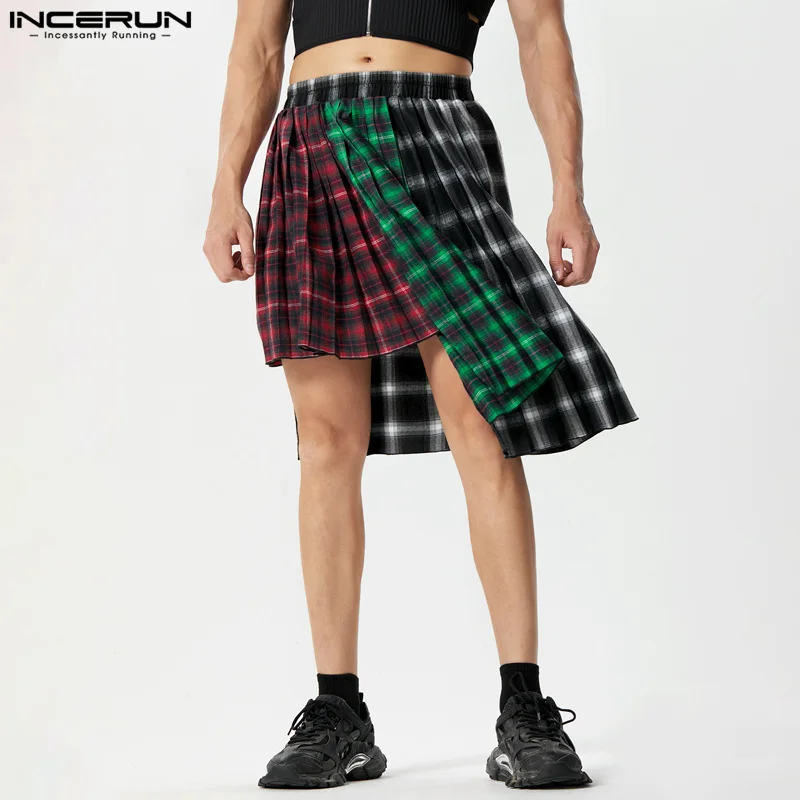 

American Style Fashion Men's Trousers Personality Irregular Hem Pantalons Casual Checkered Half Skirts Pants S-5XL INCERUN 2023