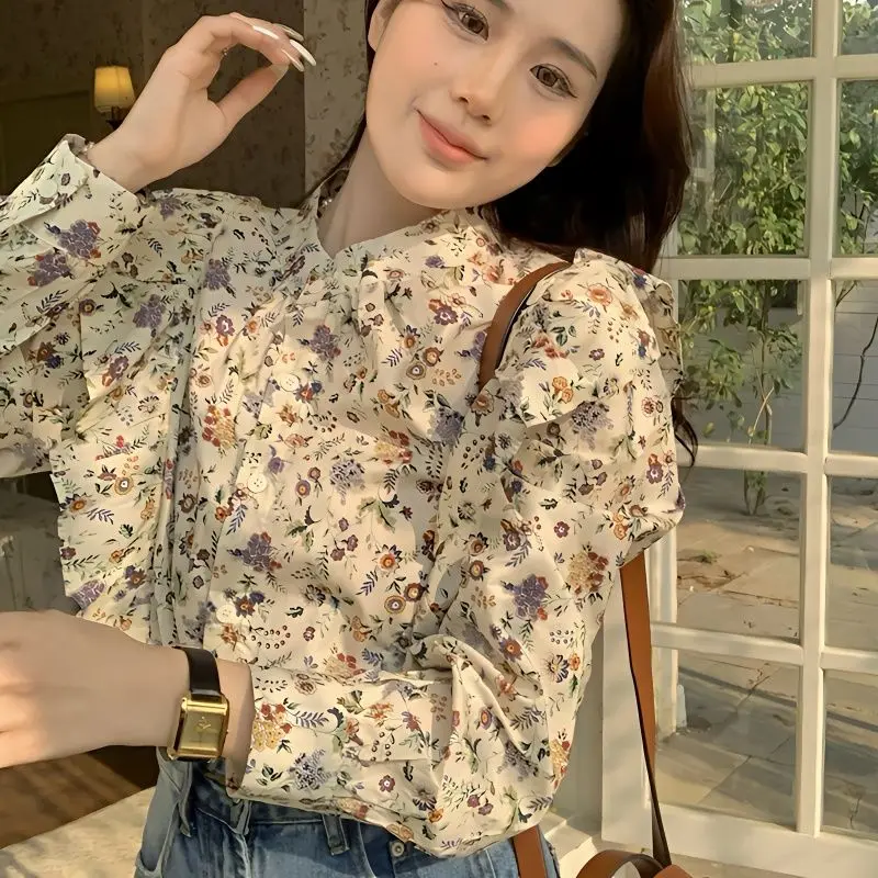 

Blouse Clothes Tops Vintage Flower Print Women Chiffon Blouse Long Sleeve Loose Shirt Blouse Female 2023 Ladies News Tops C302