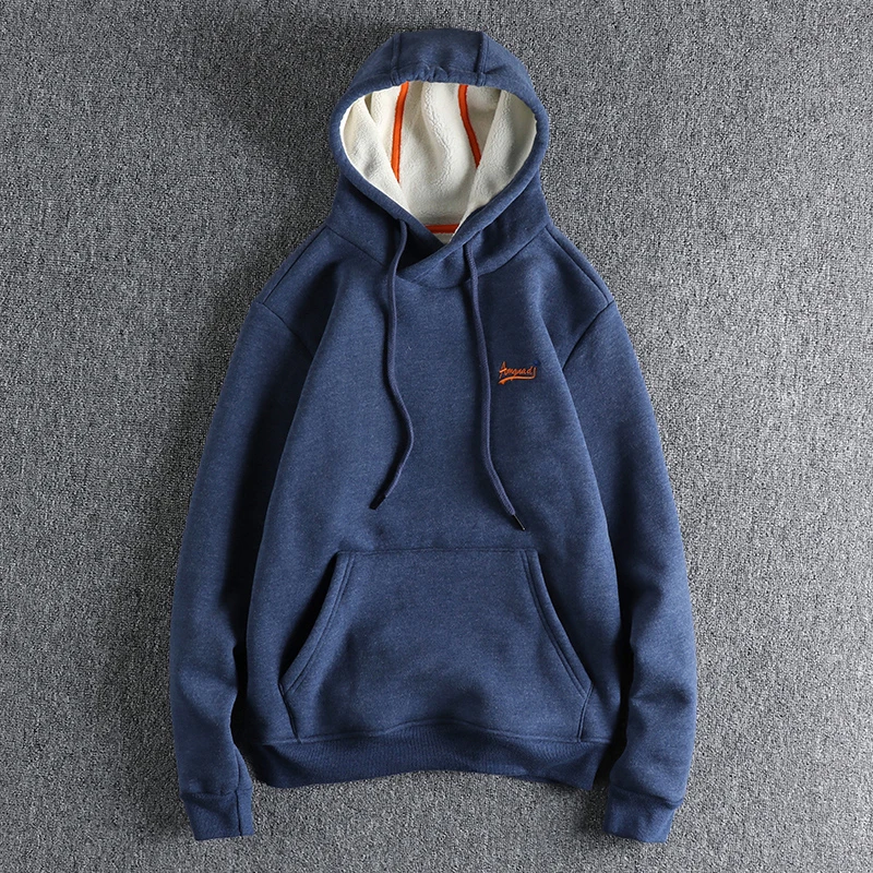 

Retro English solid color simple embroidered hooded sweater men's washed velvet padded warm Joker casual pullover