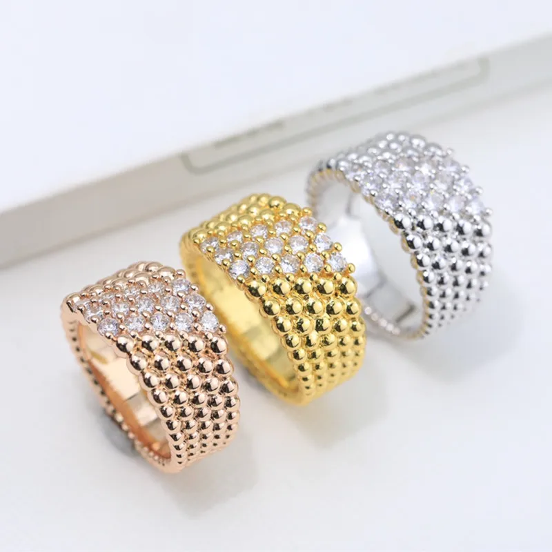 

Pure Silver Clover Sparkling Perlees Diamonds Ring 5 Rows Bead Ribbon Line Wedding Rings for Women's Luxury Brand Jewelry Gifts