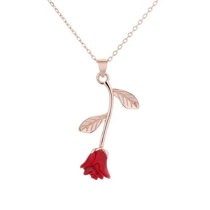 

Romantic Red Rose Flower Pendant Necklace for Women S925 Sterling Silver Necklace Valentine's Day Gift Fine Jewelry YLQ10317