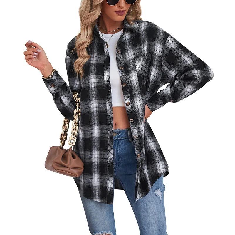 

2023 New Autumn and Winter Fashion Simple Plaid Shirt Collar Panel Long Sleeve Temperament Casual Boyfriend Style Loose Shirt