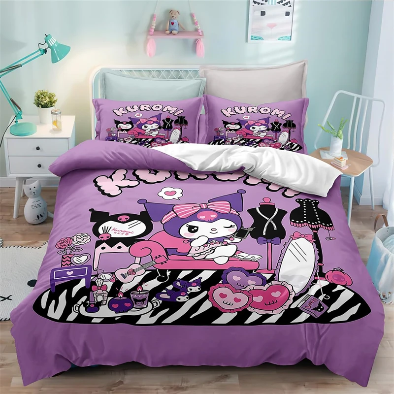 

3 Pcs Kuromi Bedding Set Printed Duvet Cover Set Printed Bed Comforter Cover Quilt Covers with Pillowcases for Your Own Bedroom