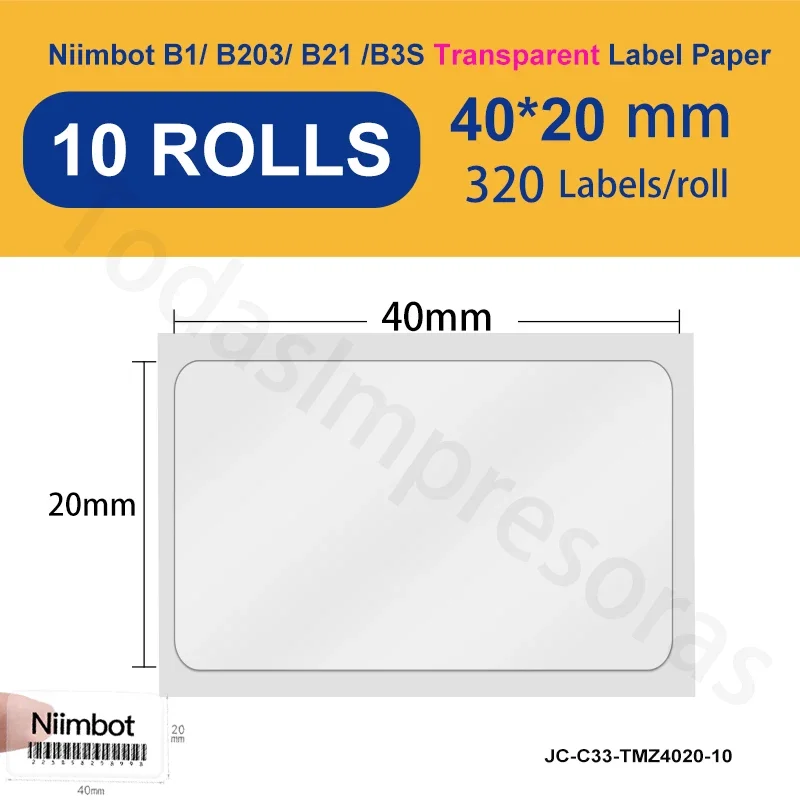 

Niimbot Original 40x20mm 10 Rolls Transparent Paper for B21 B1 B3S Adhesive Sticker Thermal Label Printer Paper Barcode QR Paper