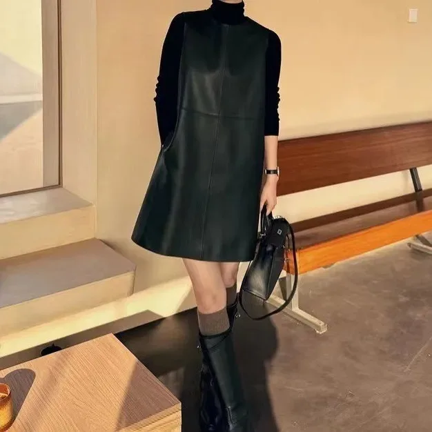 

2024 Spring and Autumn Fashion New Genuine Leather Clothes Semi-Vegetable Tanned Straight Sheepskin Dress E41