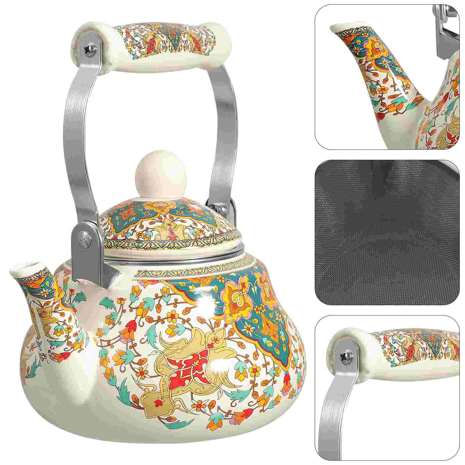 

Enamel Water Kettle Filter And Cool Handle 1.5L Vintage Flower Teapot Stovetop Porcelain Water Jug Farmhouse Coffee Pot