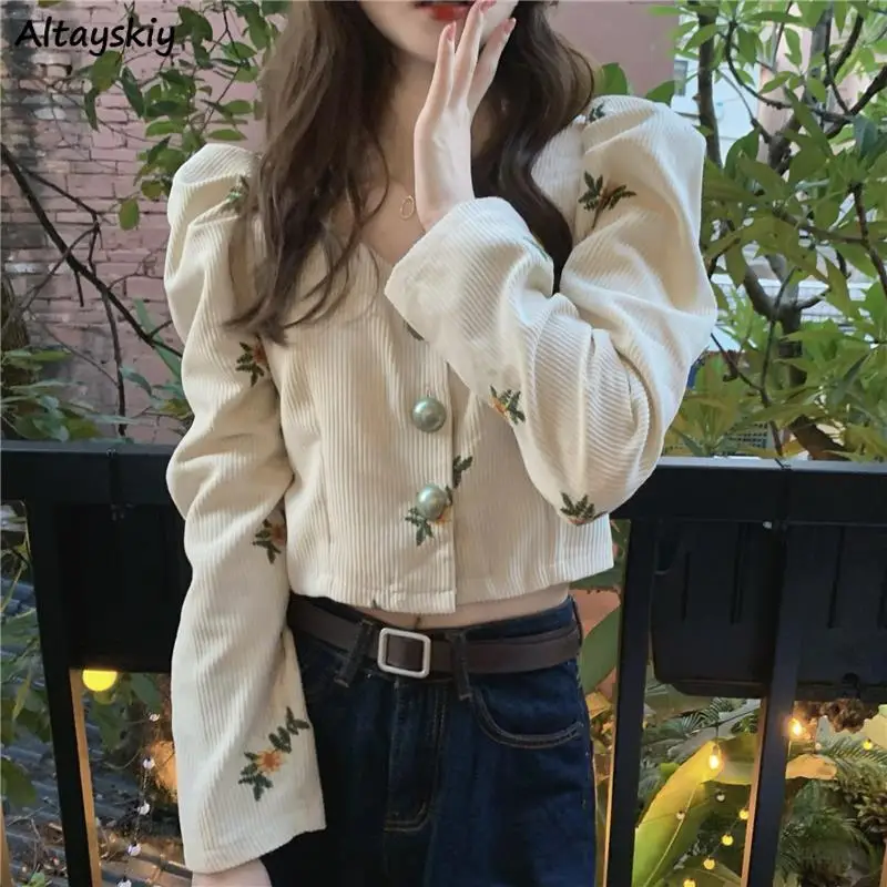 

Corduroy Embroidery Shirts Women Flowers Elegant V-neck Sweet All-match Korean Style Stylish Spring Design Aesthetic Vintage New