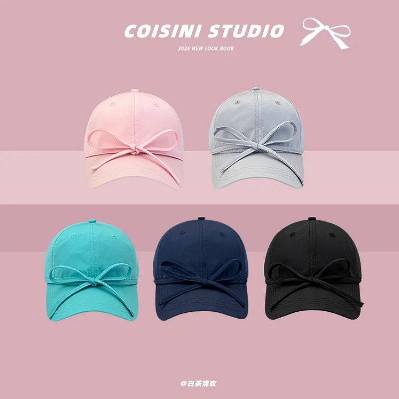 

2024 New Sweet Bow Strap Pink Quick-drying Women's Hats Summer Korean Fashion Versatile Sunscreen Baseball Caps Men Gorras