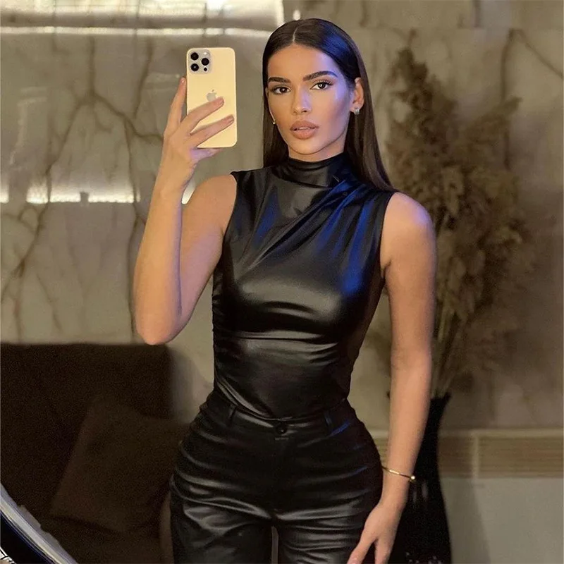 

PU Leather Tank Top High Fashion Asymmetrical Ruched Sleeveless Blouse Winter Sexy T Shirt For Women Y2K Clothes corset top 2024