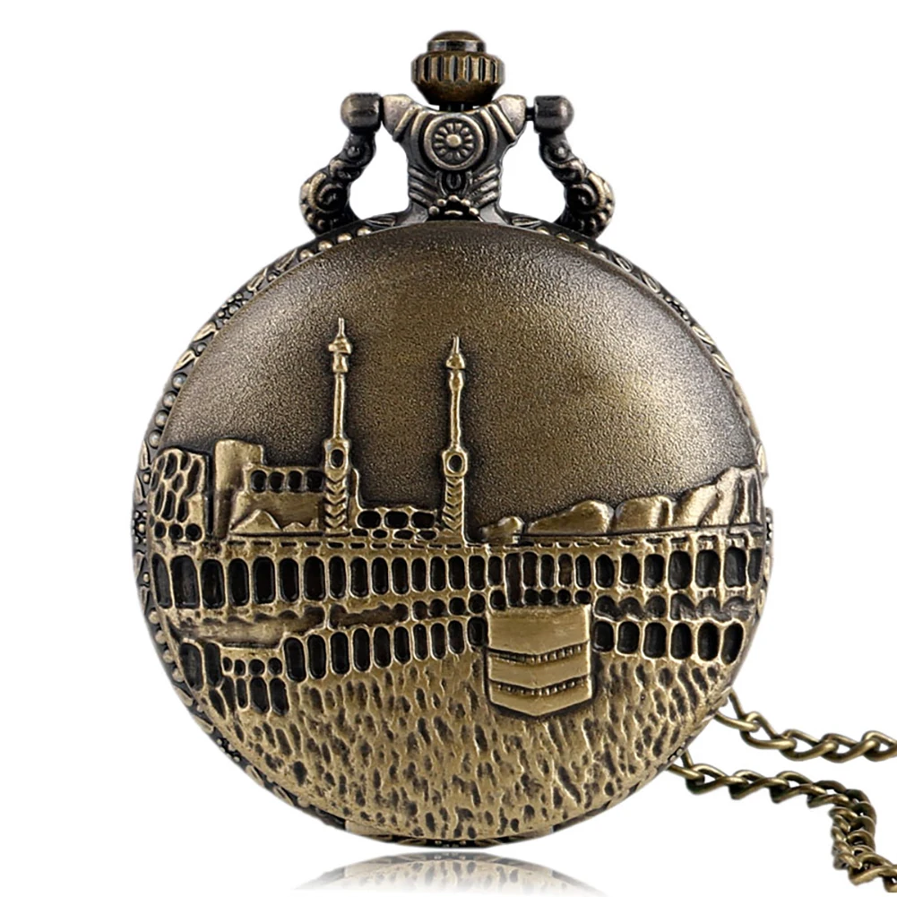 

Castle Architecture Bronze Necklace Watch Quartz Analog Pocket Clock Old Fashion Pendant Chain Timepiece Gifts Men Women