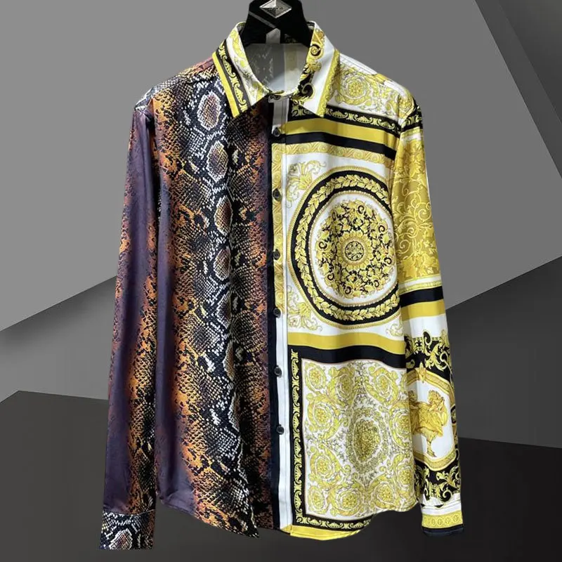 

Spring Gold Snake Stitching Printing Dress Shirt Luxury Baroque Long Sleeve Black Gold Palace Shirt Flower Social Slim Shirt Men