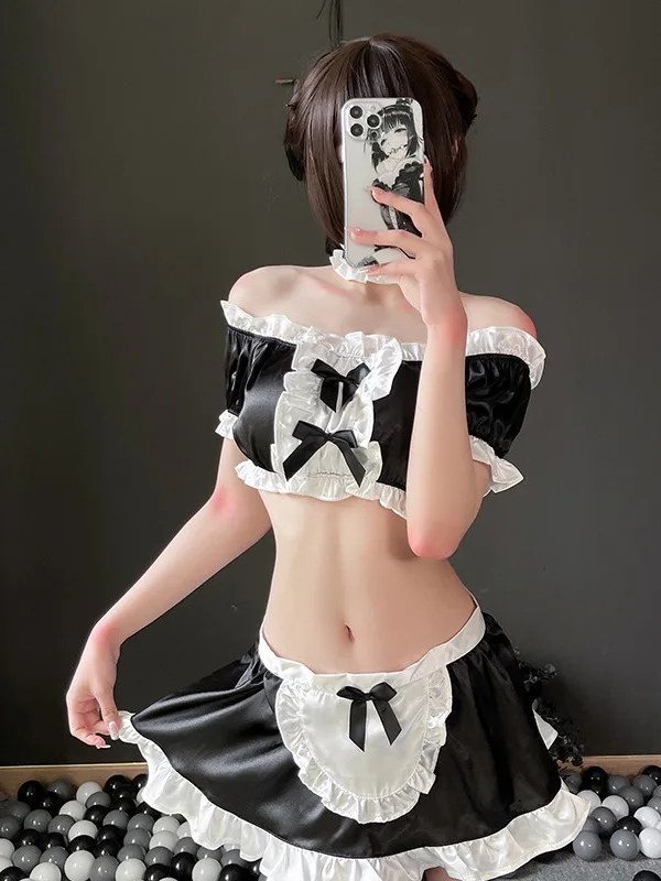 

Maid Sexy Uniform Short Skirt Set Role Playing Sheer Charm New Style Erotic Nightclub Slash Neck Tops Bowknot Sweet Cute DEOM