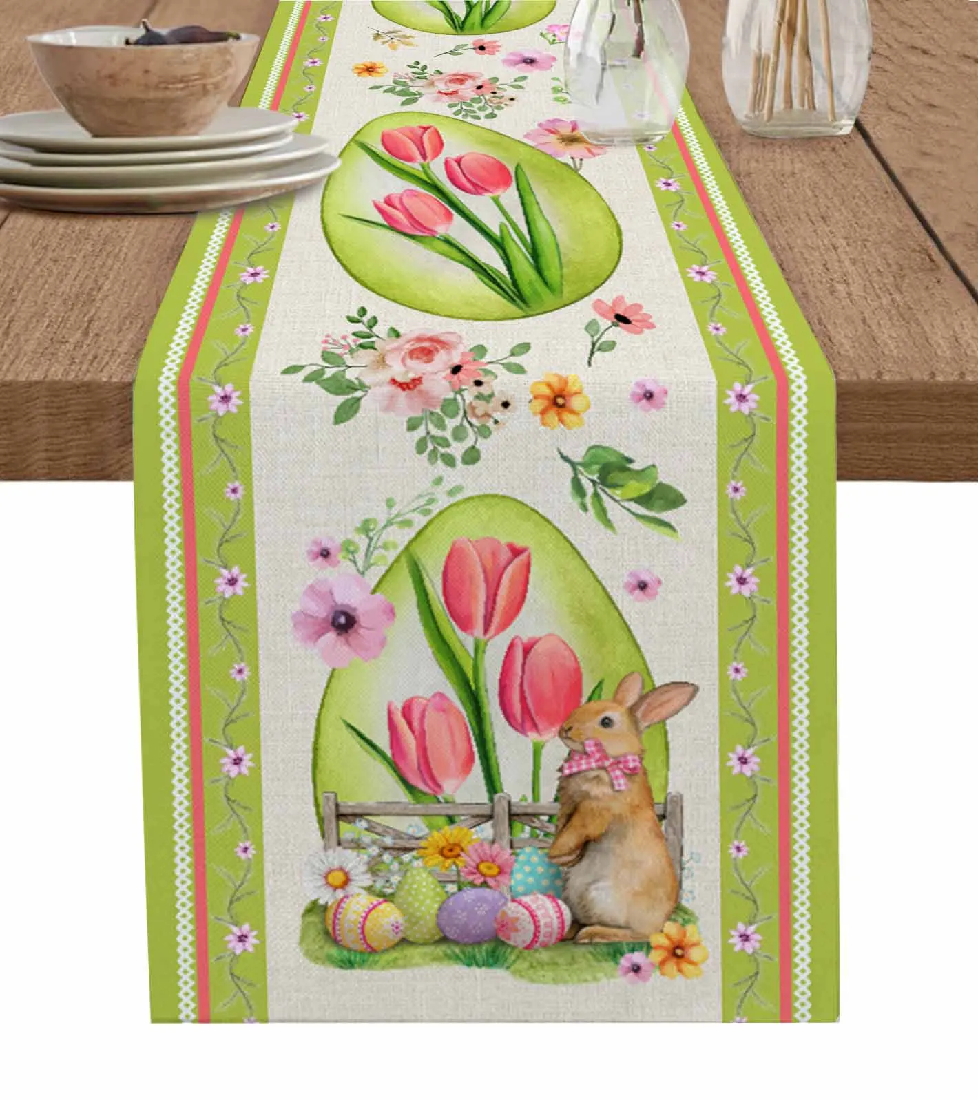 

Vintage Rabbit Easter Flower Green Egg Table Runner Decoration Home Decor Dinner Table Decoration Table Decor
