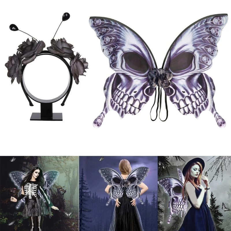 

Black Butterfly-Skeleton Wings with Ears Headband Demon-Wings Birthday Party Halloween Cosplay-Costume Props Gifts R7RF