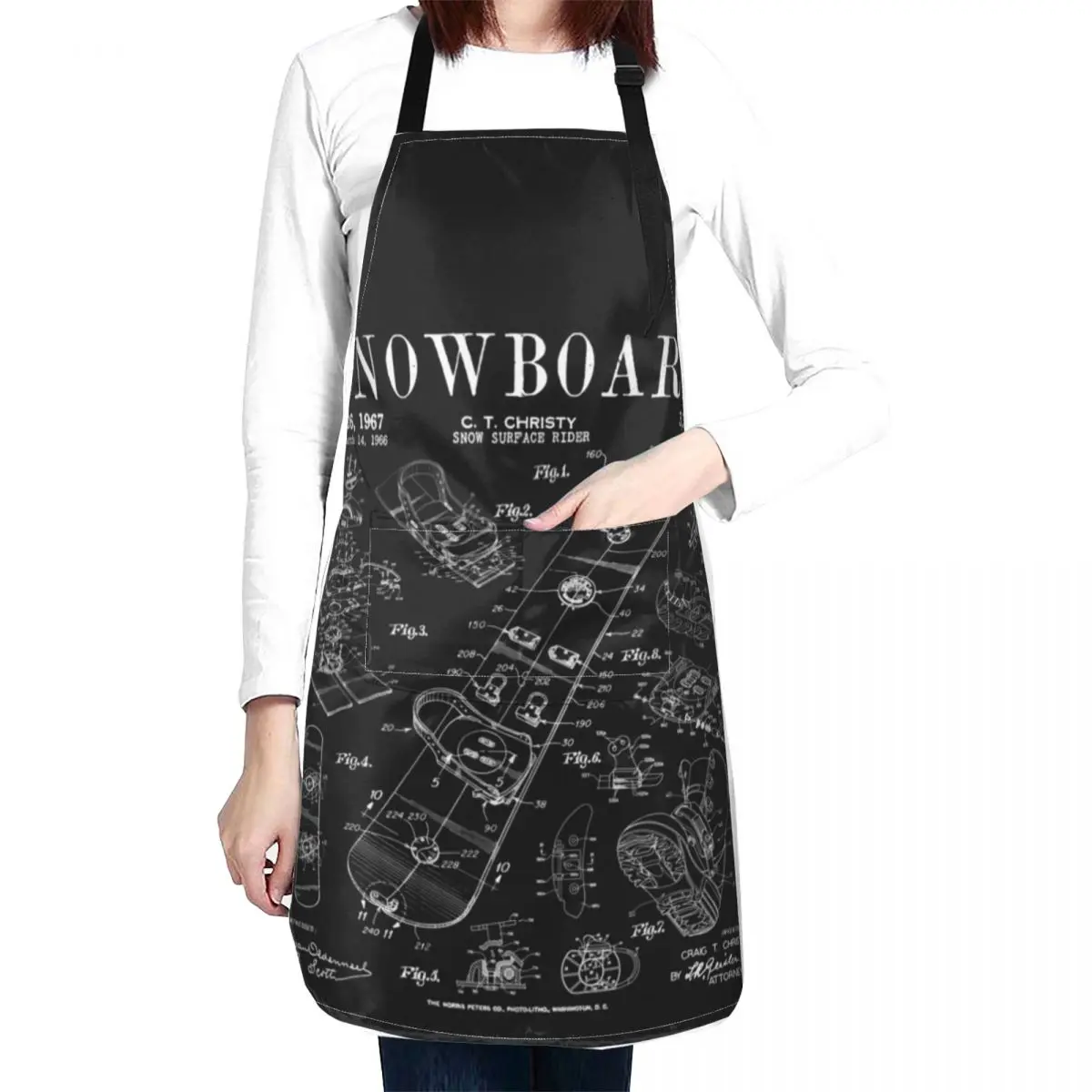 

Snowboard Winter Snowboarding Vintage Patent Drawing Print White Apron cooking aprons for women Home Cleaning Kitchenware